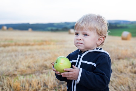 Little toddler eating apple with a big hay bale on field in summer, Germany.の写真素材