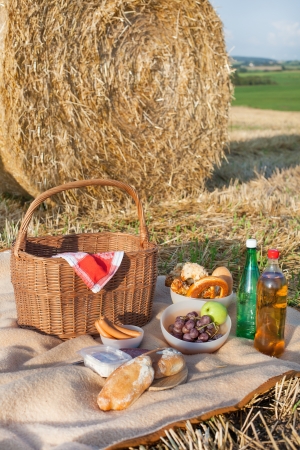 Picnic basket and different food and drinks on hay fieldの写真素材