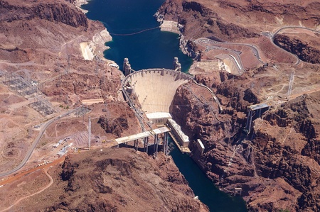 Aerial view of Hoover Dam and the Colorado River Bridge during constructionのeditorial素材