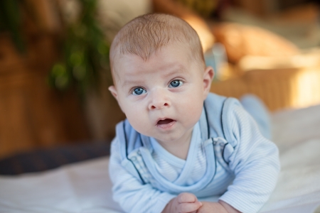 Adorable newborn baby boy with blue eyesの写真素材