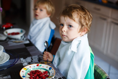 Two little brother boys having oat mash and berries for breakfastの写真素材