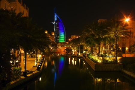 DUBAI, UAE - October 23: Burj Al Arab hotel by night on October 23, 2008 in Dubai, UAE. Burj Al Arab is a luxury 5 star hotel built on an artificial island in front of Jumeirah beachのeditorial素材