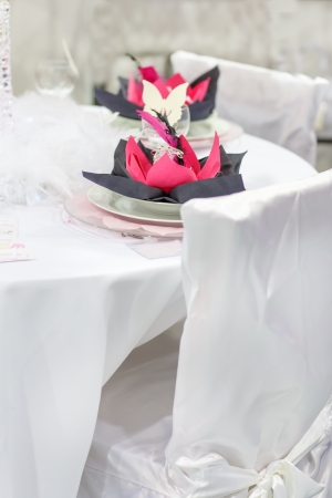 Table set in black, white and pink for wedding or event partyの写真素材