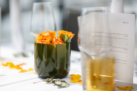 Detail of table set for wedding or another catered event dinnerの写真素材
