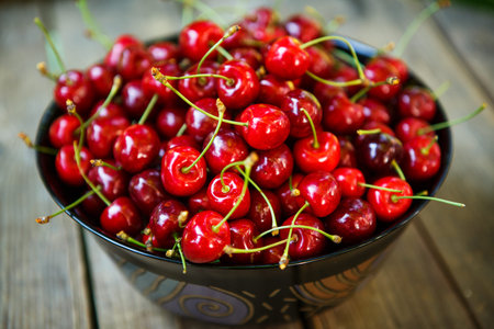 Fresh red cherries in summer garden.