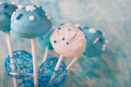 Delicious wedding cake pops in white and soft blueの写真素材