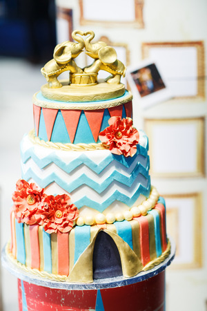 Delicious beautiful wedding cake with modern decorationの写真素材