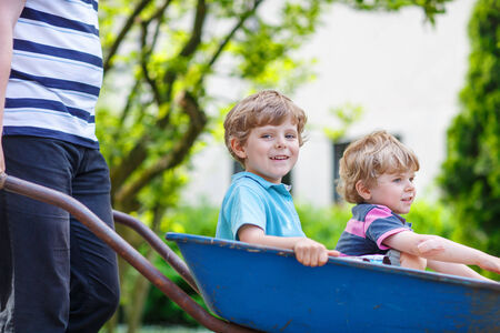 Two little boys having fun in a wheelbarrow pushing by father in summer gardenの写真素材