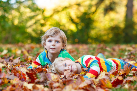 Two little kid boys lying in autumn leaves in colorful clothing. Happy siblings having fun in autumn park on warm day.の写真素材