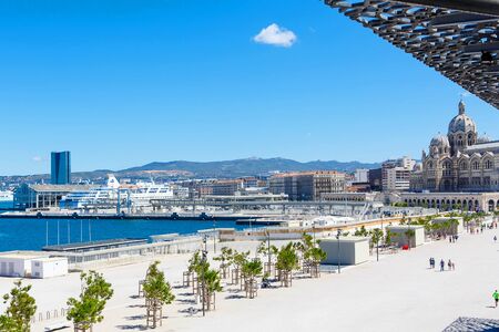 Aerial panoramic view on Cathedral de la Major and port in Marseille, France. On sunny warm day in Provence.のeditorial素材