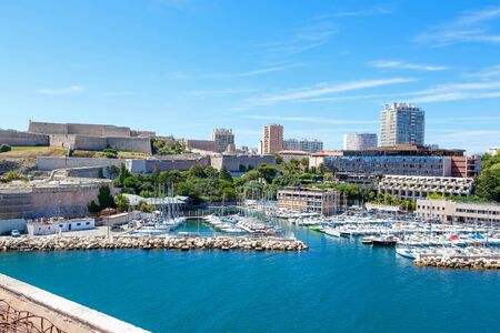Aerial panoramic view on old port in Marseille, France. On sunny warm day in Provence.のeditorial素材