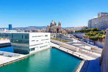 Aerial panoramic view on Cathedral de la Major and port in Marseille, France. On sunny warm day in Provence.のeditorial素材