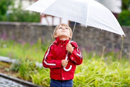 Little blond kid boy walking with big umbrella outdoors on rainy summer day. Child having fun outdoors with rain dropsの写真素材