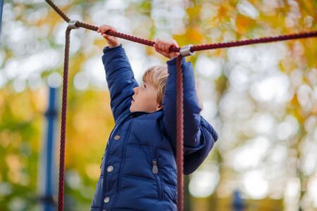 Adorable kid boy having fun on outdoor playground. Toddler child climbing on scaffolding on warm sunny autumn day. Active leisure with kids.の写真素材