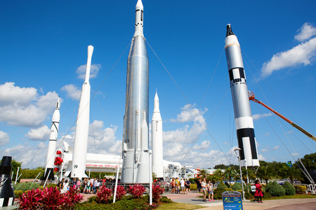 KENNEDY SPACE CENTER, FLORIDA, USA - APRIL 21, 2016: Several rockets are exhibited in rocket garden in the visitor complex of Kennedy Space Center near Cape Canaveral in Floridaのeditorial素材