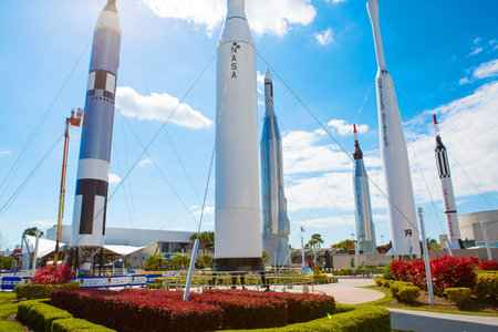 KENNEDY SPACE CENTER, FLORIDA, USA - APRIL 21, 2016: Several rockets are exhibited in rocket garden...