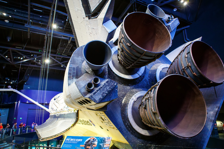 KENNEDY SPACE CENTER, FLORIDA, USA - APRIL 21, 2016: Several rockets are exhibited in the visitor complex of Kennedy Space Center near Cape Canaveral in Florida. Atlantis space shuttle pavilion.のeditorial素材