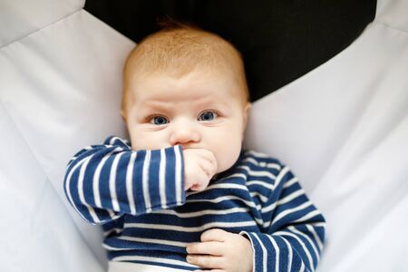 Cute adorable two months baby sucking fist.の写真素材