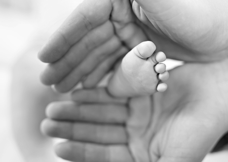 Father or mother holding foot of newborn babyの写真素材