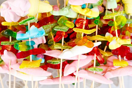 Colorful marshmellows and different gum sweets on skewers. Unhealthy foodの写真素材