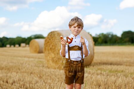 Cute little kid boy in traditional Bavarian costume in wheat fieldの写真素材
