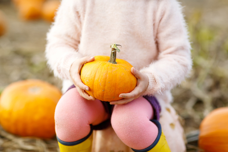 Closeup of children hands holding orange pumpkin on patch.の写真素材