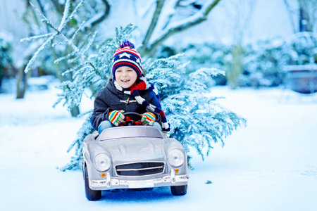 Funny little smiling kid boy driving toy car with Christmas tree.