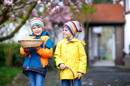 Two little kids boys and friends making traditional Easter egg huntの写真素材