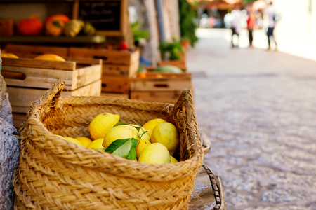 Fresh ripe lemons on a market in old village. Spainの写真素材
