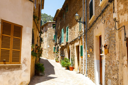 Beautiful street in Valldemossa with traditional flower decoration, famous old mediterranean village...