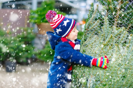 Adorable little smiling kid boy holding Christmas tree on market. Happy healthy child in winter fashion clothes choosing and buying big Xmas tree in outdoor shop. Family, tradition, celebration.の写真素材