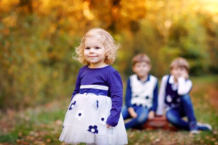Portrait of three siblings children. Little cute toddler sister girl and Two kids brothers boys on background having fun together in autumn forest. Happy healthy family playingの写真素材