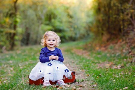Cute little toddler girl sitting on suitcase in autumn park. Happy healthy baby enjoying walking with parents. Sunny warm fall day with child. Active leisure and activity with kids in nature.の写真素材