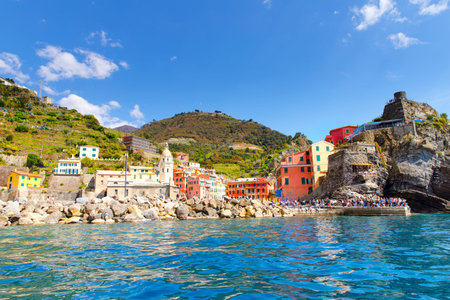 Liguria, Italy coastline of Riviera with colorful houses on sunny warm day. Monterosso al Mare,...