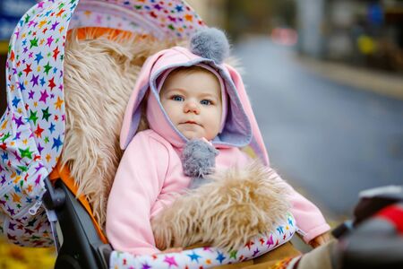 Cute little beautiful baby girl sitting in the pram or stroller on autumn day. Happy smiling child in warm clothes, fashion stylish pink baby coat with bunny ears. Baby going on a walk with parents.の写真素材