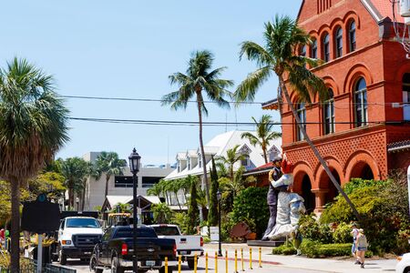 KEY WEST, FLORIDA USA - APRIL 13, 2016: The historic and popular center and Duval Street in downtown Key West. Beautiful small town in Florida, United States of Americaのeditorial素材
