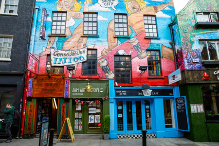 DUBLIN, IRELAND - JULY 1, 2019: Temple Bar district is a famous landmark in Dublins cultural quarter...