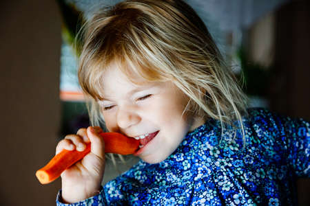 Cute adorable toddler girl holding and biting into fresh carrot. Beatuiful child having healthy snack. Smiling happy kid eating bio organic vegetablesの写真素材