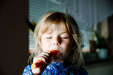 Cute adorable toddler girl holding and biting into fresh carrot. Beatuiful child having healthy snack. Smiling happy kid eating bio organic vegetablesの写真素材