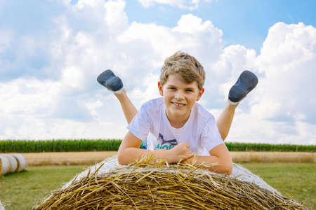 Little school kid boy having fun on hay stack or bale. Funny happy healthy child playing with straw. Active outdoors leisure with children on warm summer day.の写真素材