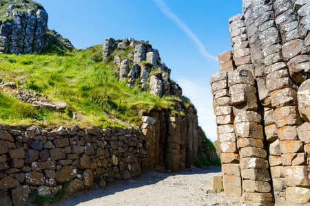 Landscape of Giants Causeway trail with a blue sky in summer in Northern Ireland, County Antrim.の写真素材
