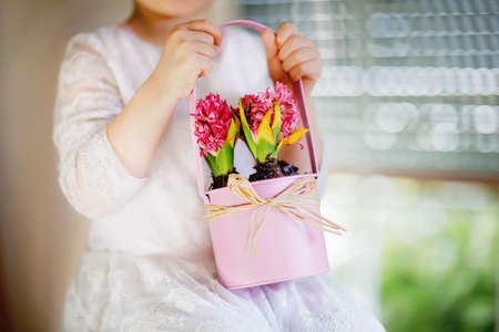 Closeup of little adorable girl holding pink hyacinth flowers. Happy child, indoors. Mothers day, valentines day or birthday and spring concept.の写真素材