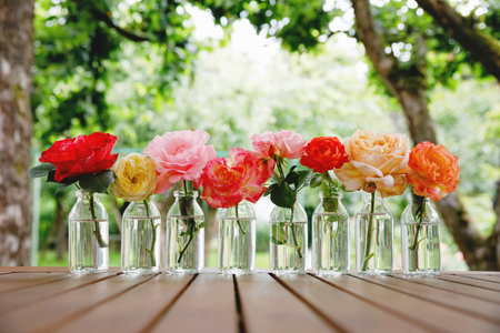 Variation or group of garden roses flowers in small vases or bottles. Colorful flower arrangement or...