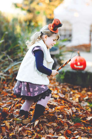 Cute little toddler girl dressed as a witch celebrates Halloween. Happy child outdoors, with orange funny hat and hold witch broom. Beautiful family festival season in october. Outdoor activityの写真素材