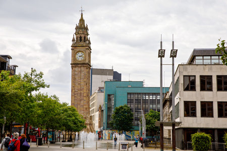 Belfast, JULY 9, 2019 - City view of Belfast, capital city of Northern Ireland. Old streets with...