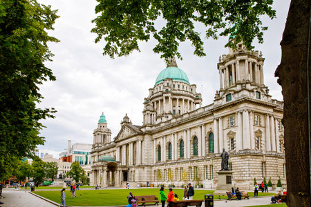 Belfast, JULY 9, 2019 - City view of Belfast, capital city of Northern Ireland. Old streets with...