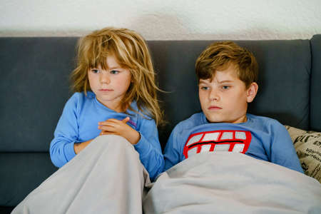 Cute little preschool girl and school kid boy watching animal movie or movie on tv. Happy healthy children in pajamas, siblings having fun together.の写真素材