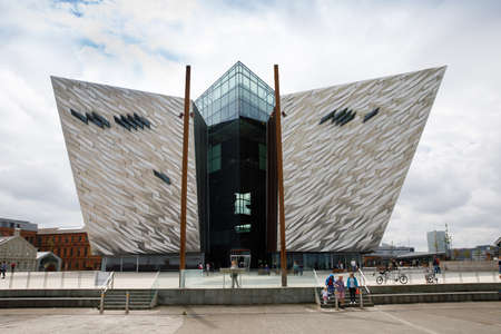 Belfast, JULY 9, 2019 - Interior view of The Titanic Exhibition Centre. The building of the famous Titanic Belfast Museum with visitorsのeditorial素材