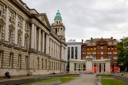 Belfast, JULY 9, 2019 - City view of Belfast, capital city of Northern Ireland. Old streets with...