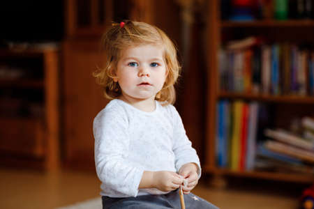 Adorable cute little toddler girl playing at home. Happy healthy baby child having fun with different games. Portrait of beautiful babyの写真素材